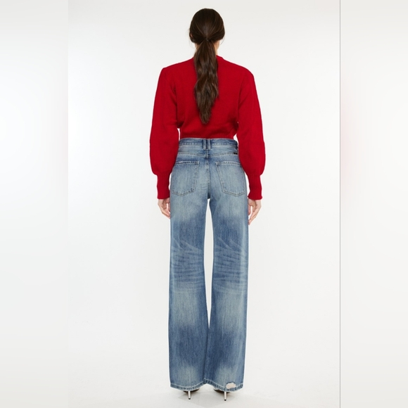 RISEN High-Rise Boyfriend Bootcut Jeans Relaxed Distressed Torn Hole Denim Pants - Picture 3 of 16